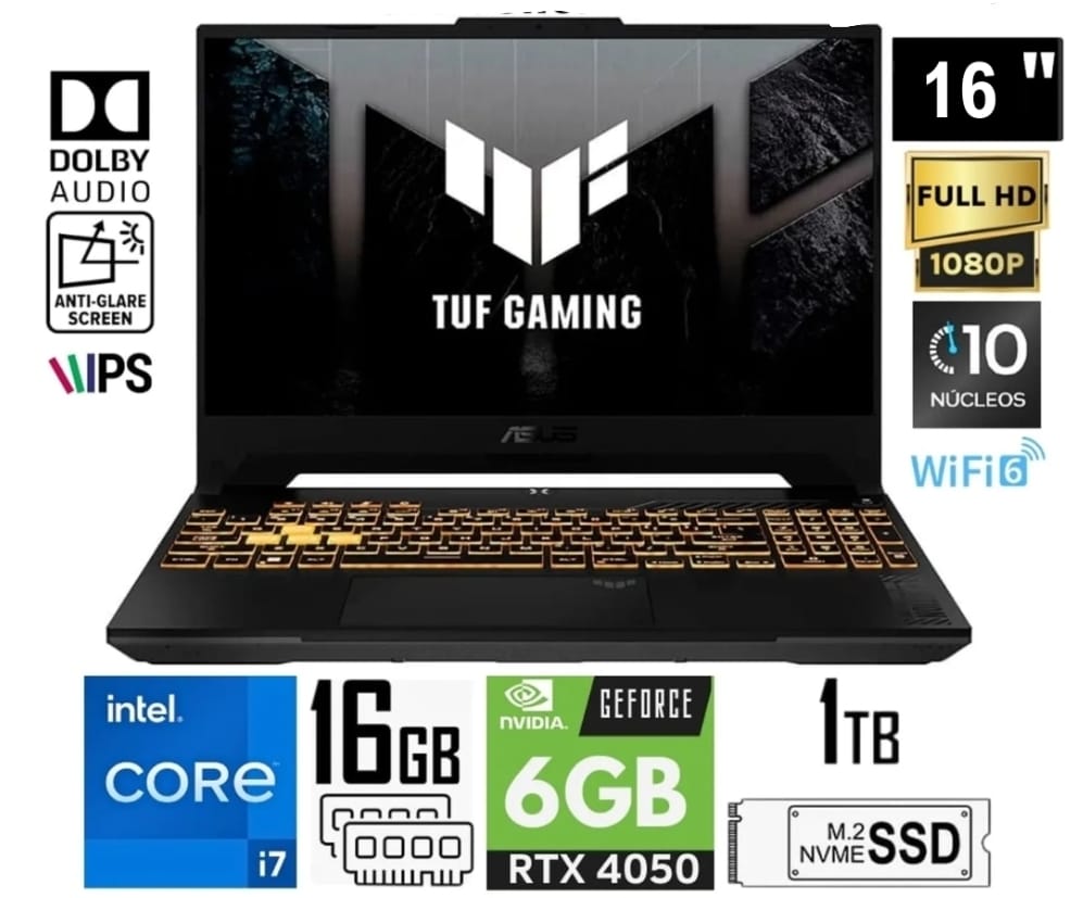 Gamer Asus TUF F16 FX607VU-RL091, Core I7-13620H 4.9GHz, 16GB DDR5, 1TB PCIe NVMe, 16 WUXGA IPS 1920x1200, Nvidia RTX 4050 6GB GDDR6, WiFi, Webcam, Bluetooth, Mecha Gray, Teclado Retroiluminado Español